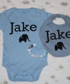 Personalised Baby Vest and Dummy Clip - Blue With Elephant