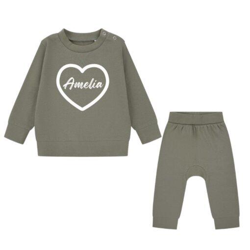 Love Heart Personalised Baby Tracksuit - Khaki