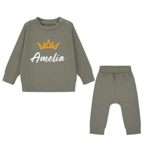 Personalised Crown Baby Tracksuit - Khaki